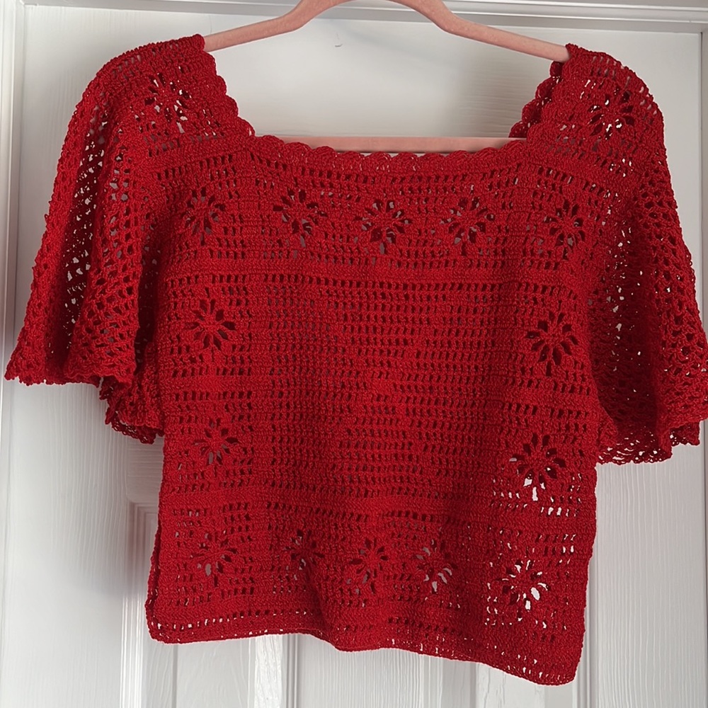 ♥️Vintage 70’s 80’s Y2K Red Crochet Granny Square Angel Wing festival Crop Top❗️